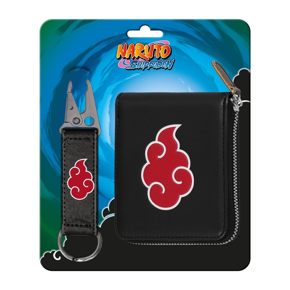 Set negro de cartera y llavero Naruto Shippuden con nube roja
