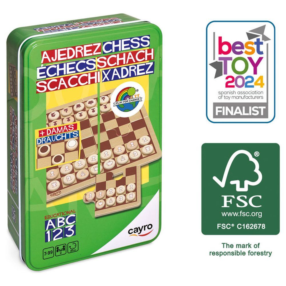 Juego de ajedrez y damas CAYRO en caja metálica verde