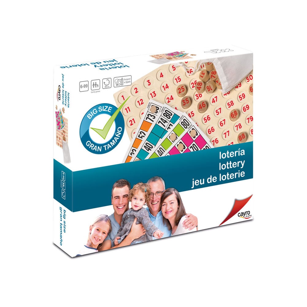 Caja de Lotería XXL CAYRO con cartones y piezas numeradas