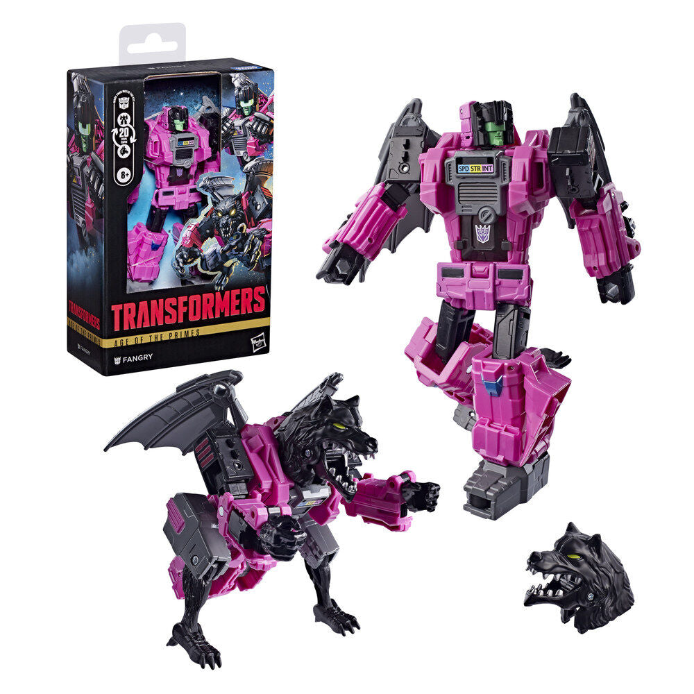 Figura Transformers Fangry morada y negra en modo robot y criatura