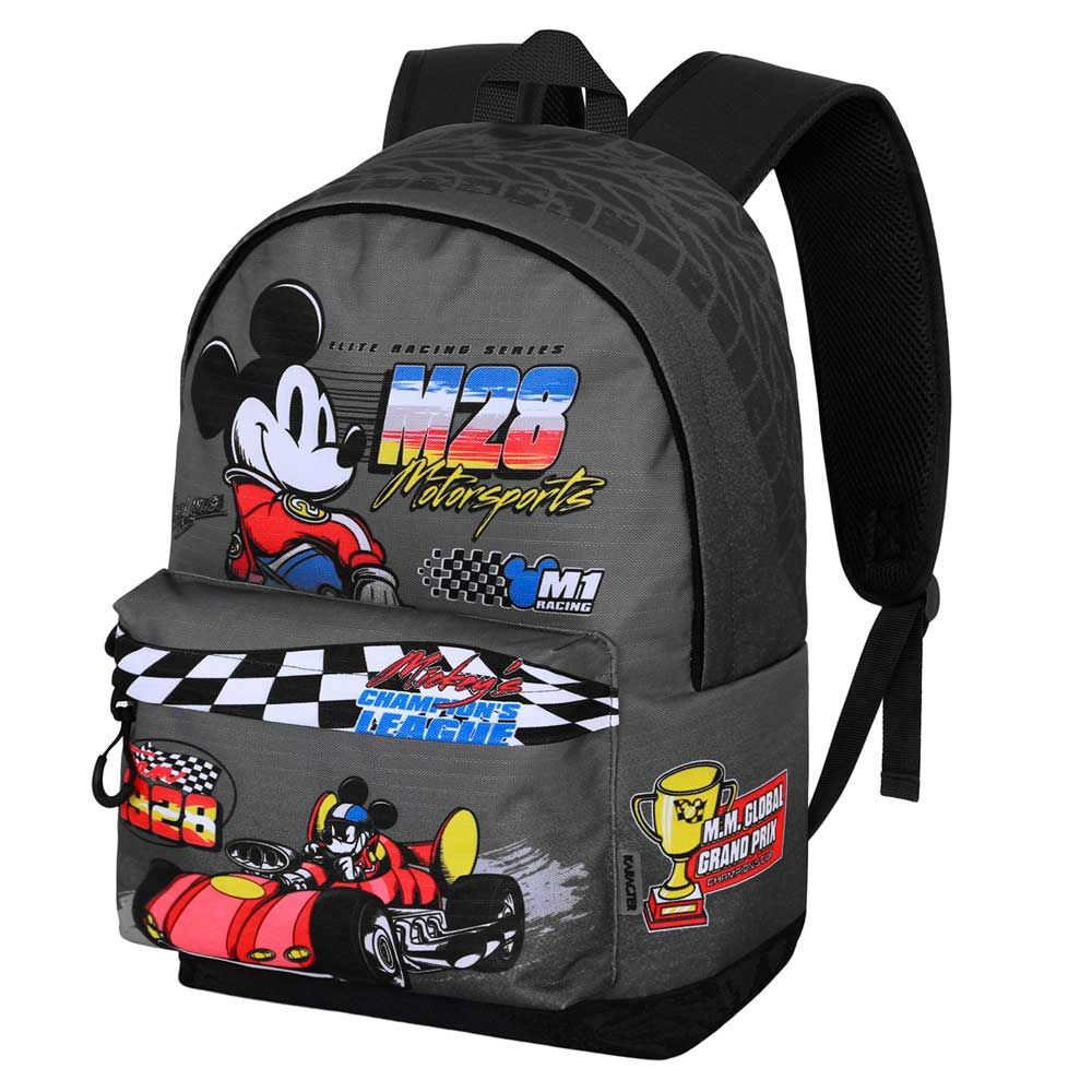 Mochila escolar de Mickey Disney con diseño de carreras en negro y gris
