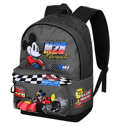 Mochila escolar de Mickey Disney con diseño de carreras en negro y gris