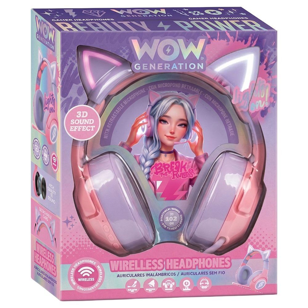 Auriculares gamers inalámbricos Wow Generation rosas y lilas con orejas de gato