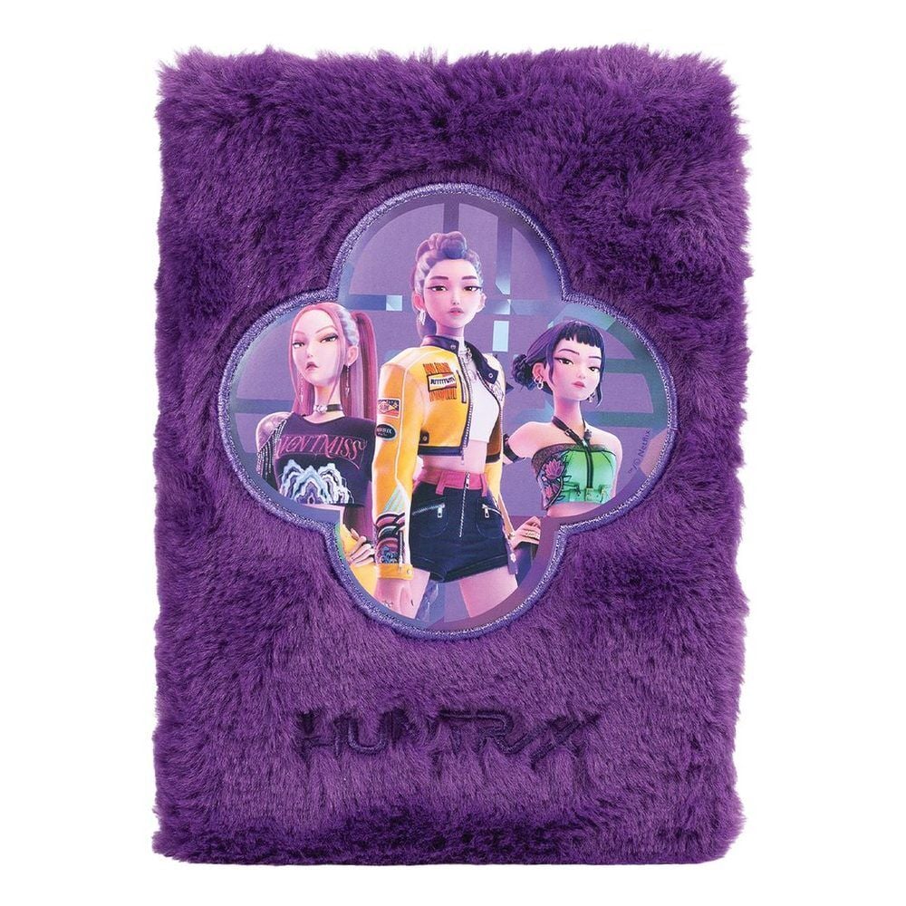 Cuaderno A5 morado de peluche KPop Demon Hunters con tres personajes