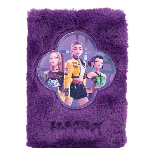 Cuaderno A5 morado de peluche KPop Demon Hunters con tres personajes