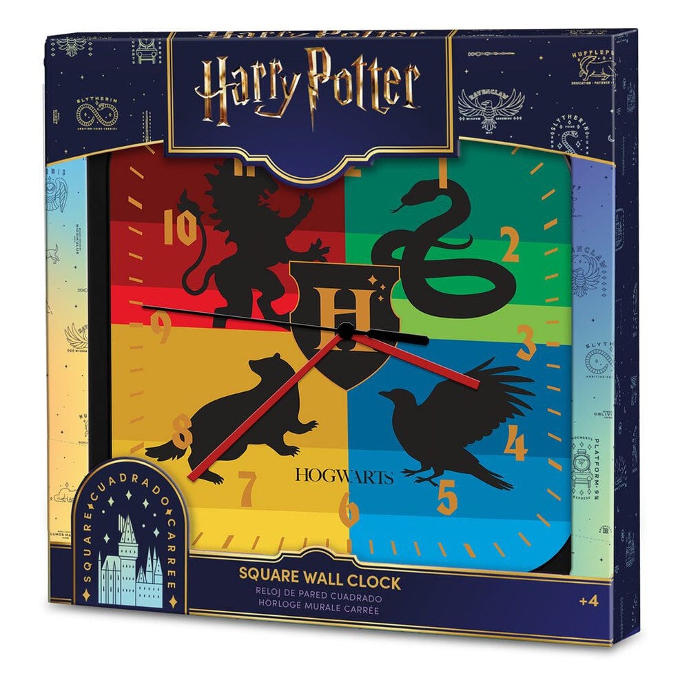 Reloj de pared cuadrado de Harry Potter con diseño de Hogwarts y las cuatro casas