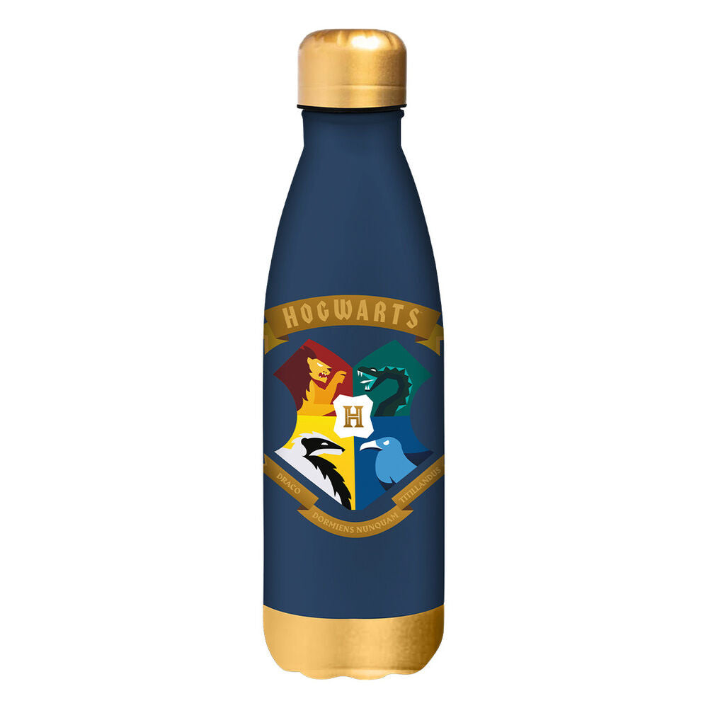 Botella Harry Potter azul marino con escudo de Hogwarts y detalles dorados