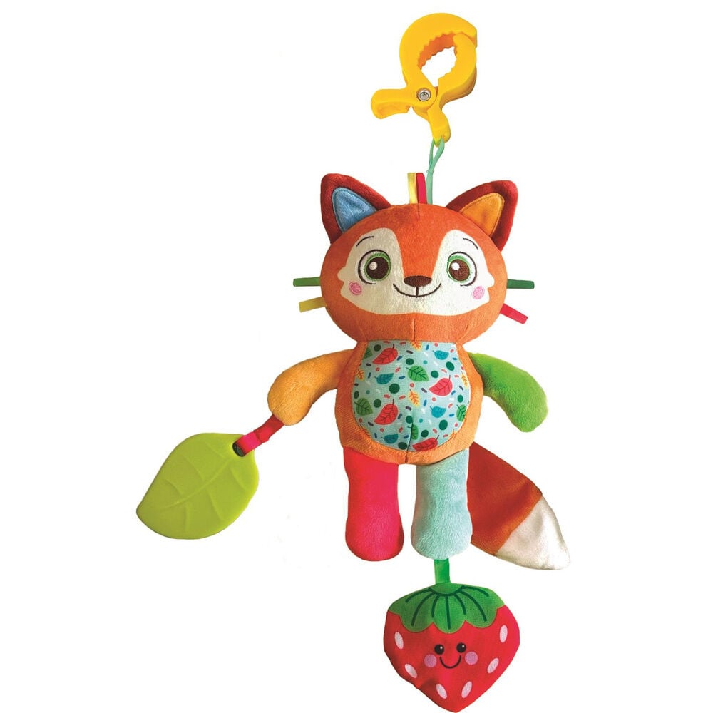 Peluche de viaje CLEMENTONI con forma de zorrito y pinza amarilla