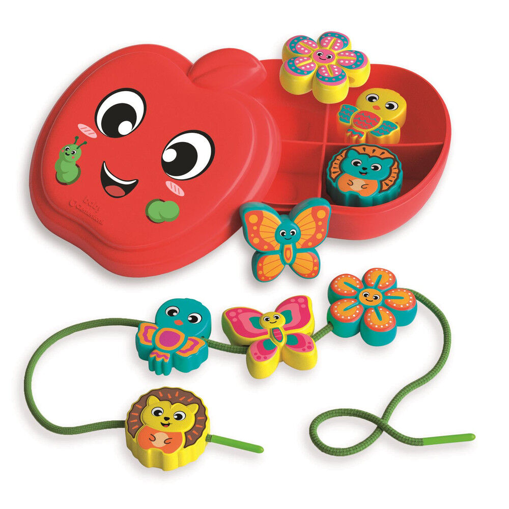 Juego Montessori Clementoni con cuentas de colores y estuche en forma de manzana