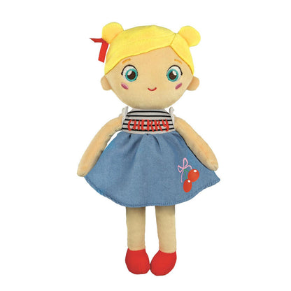 Muñeca de tela Cherry Terry con vestido azul y zapatos rojos