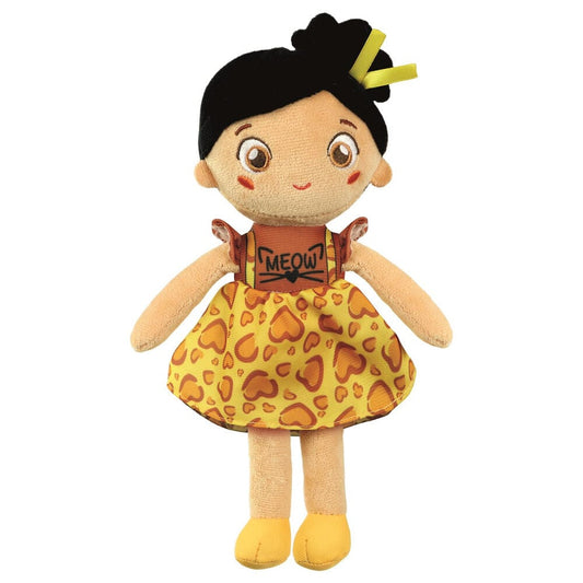 Muñeca de tela Kitty Kate con vestido amarillo estampado