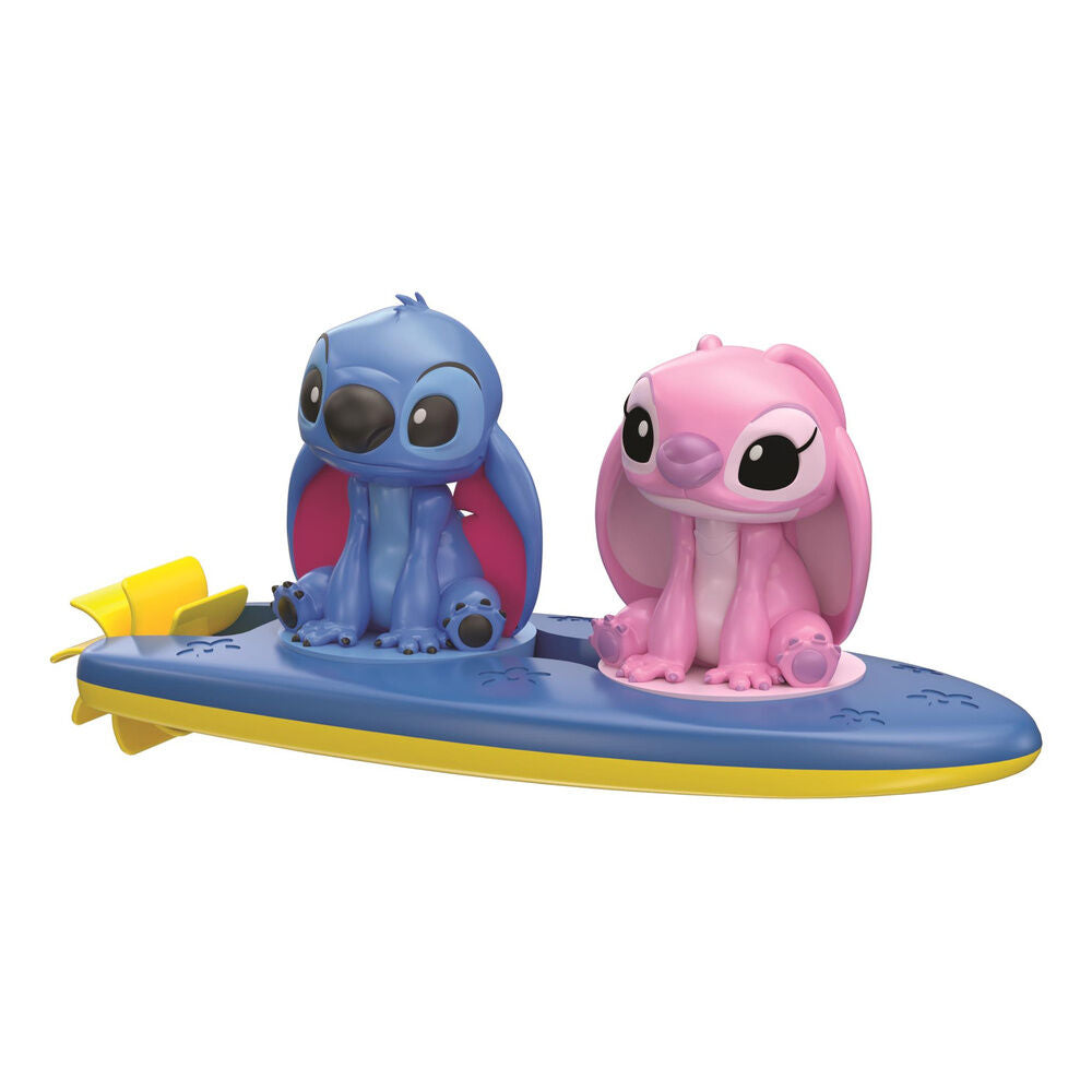 Juguete de baño flotante con Stitch y Ángel sobre una tabla de surf