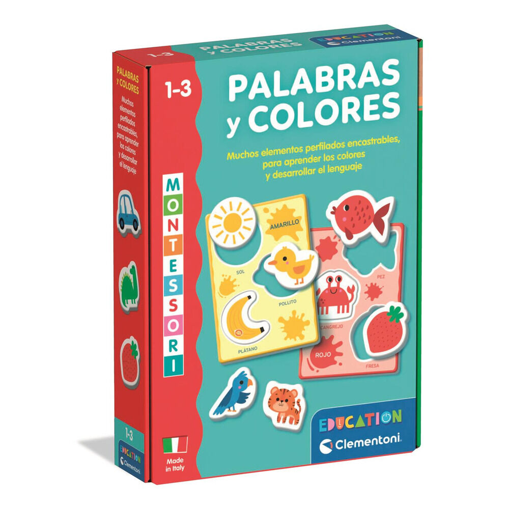 Juego Clementoni Palabras y Colores Montessori con piezas geométricas encajables