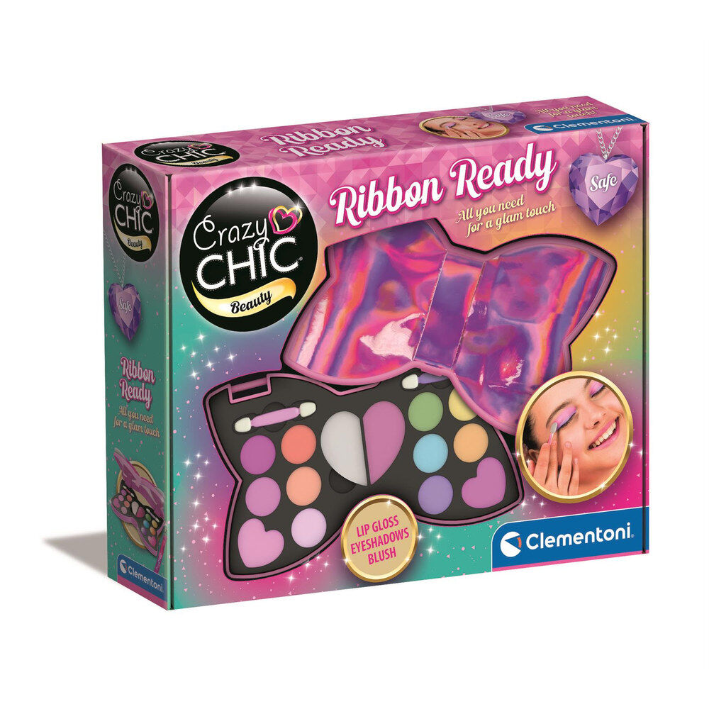 Set de maquillaje Clementoni Crazy Chic Ribbon Ready con estuche de lazo holográfico
