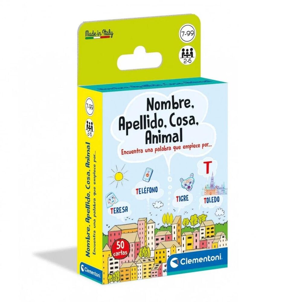 Caja del juego de cartas Clementoni Nombre, Apellido, Cosa, Animal