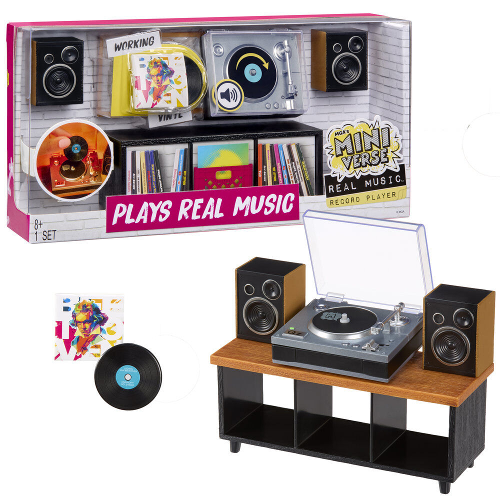 Set MGA Miniverse Real Music con tocadiscos, altavoces y vinilo en miniatura