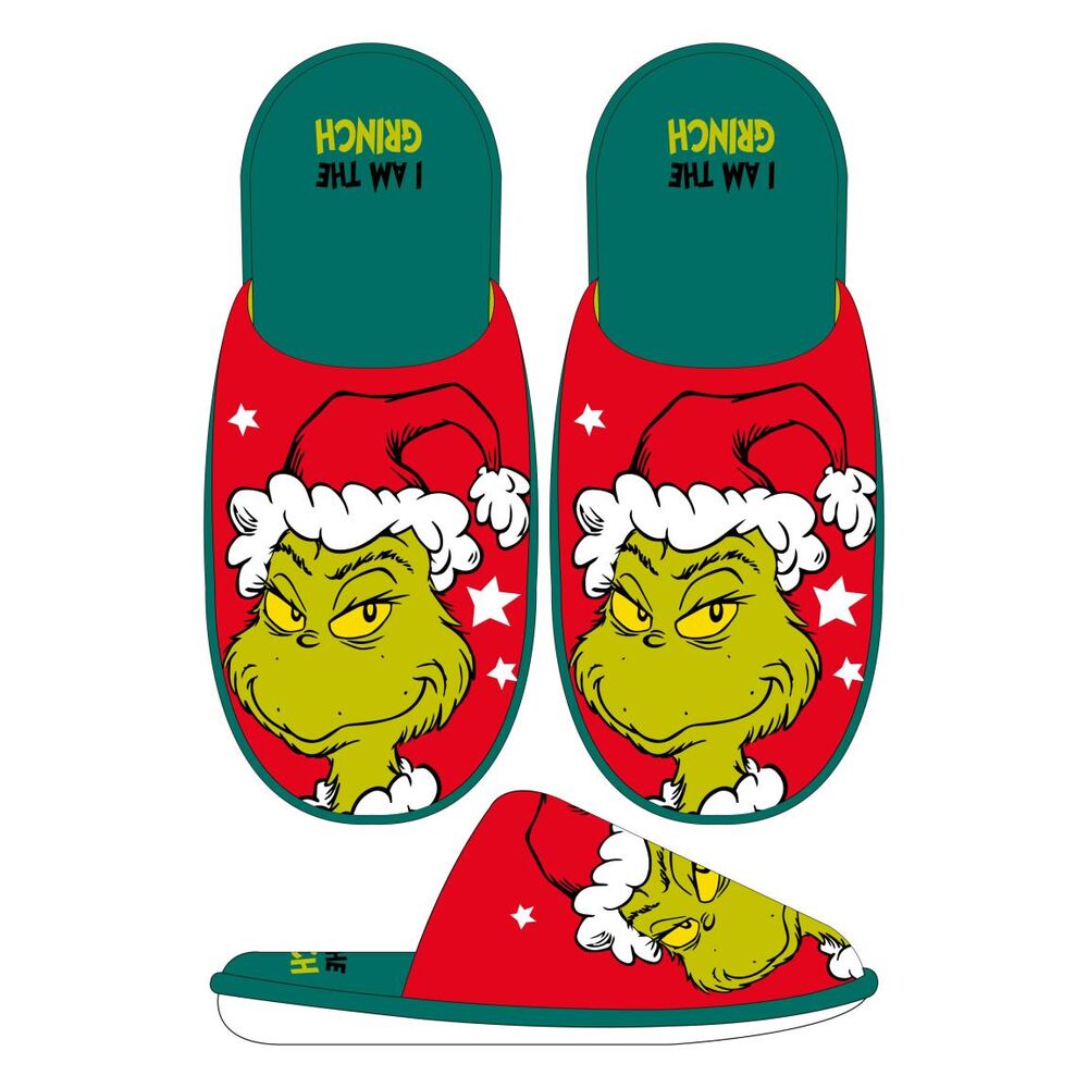 Pantuflas rojas del Grinch con diseño navideño