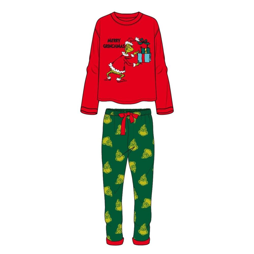 Pijama de adulto del Grinch con camiseta roja y pantalón verde