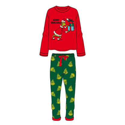 Pijama de adulto del Grinch con camiseta roja y pantalón verde