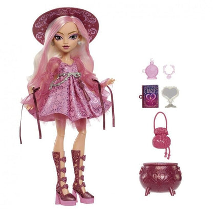 Muñeca Carina Love Moonspell Magic de Monster High con vestido rosa, sombrero y accesorios