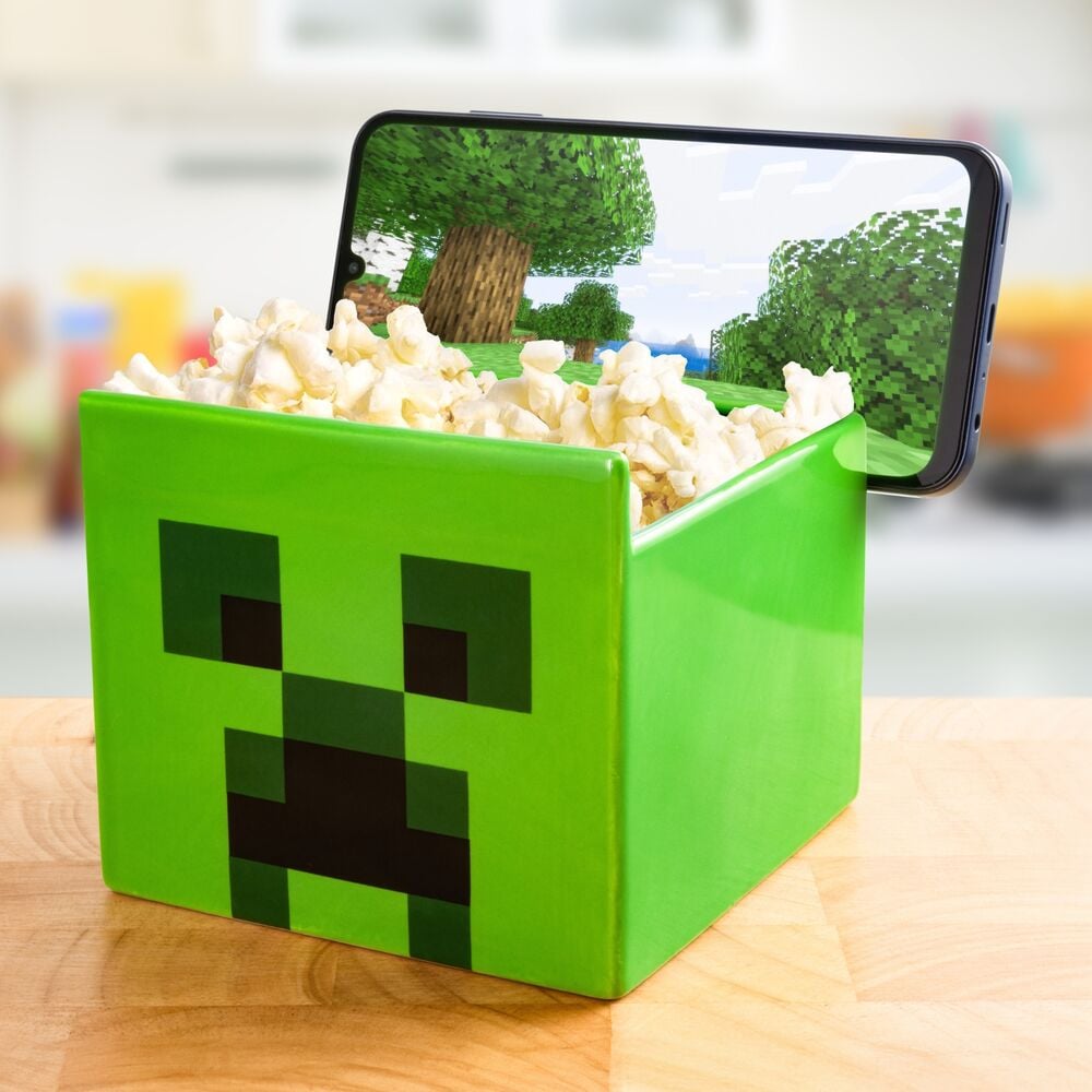 Bol para snacks verde con cara de Creeper de Minecraft
