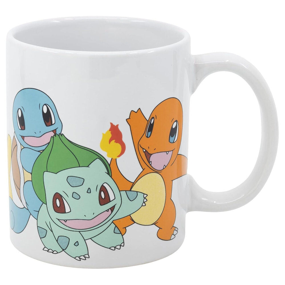 Taza Pokémon blanca con Squirtle, Bulbasaur y Charmander