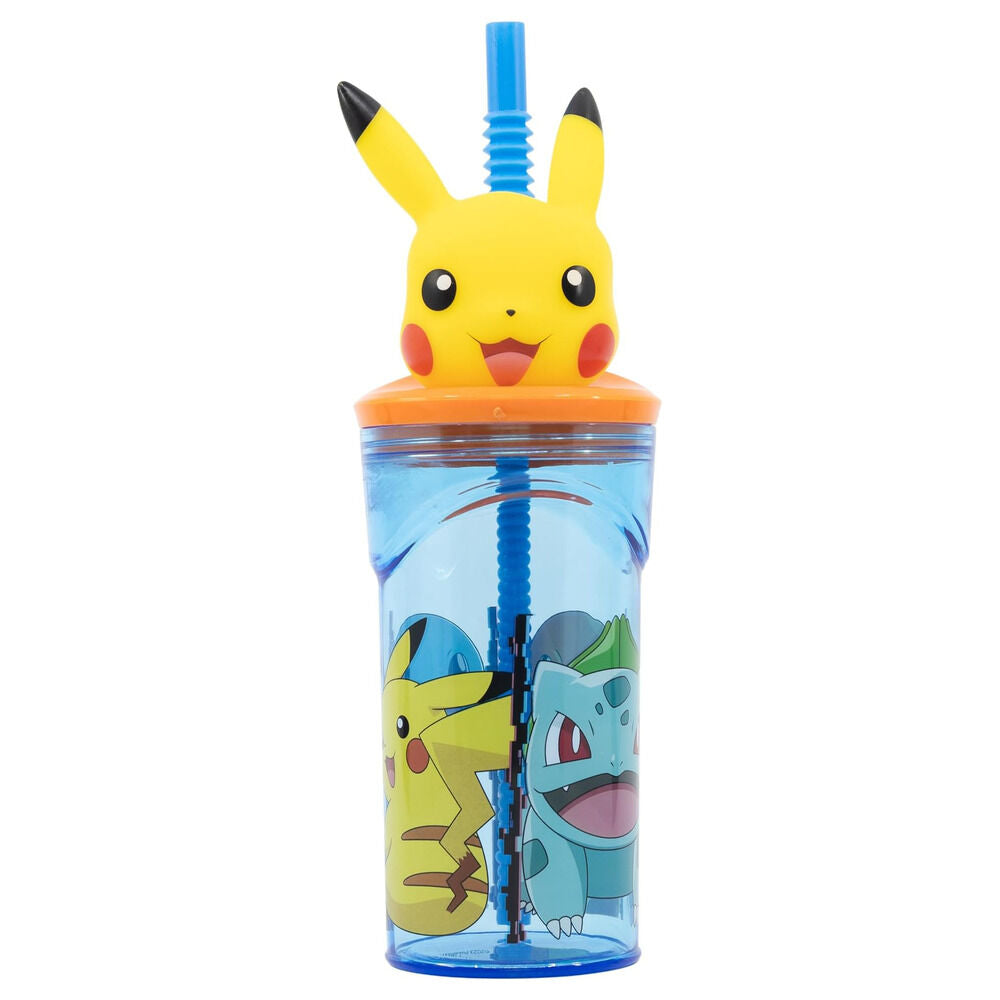 Vaso Pokémon 3D de Pikachu con pajita y decoración de Bulbasaur