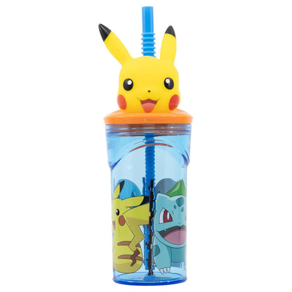 Vaso Pokémon 3D de Pikachu con pajita y decoración de Bulbasaur