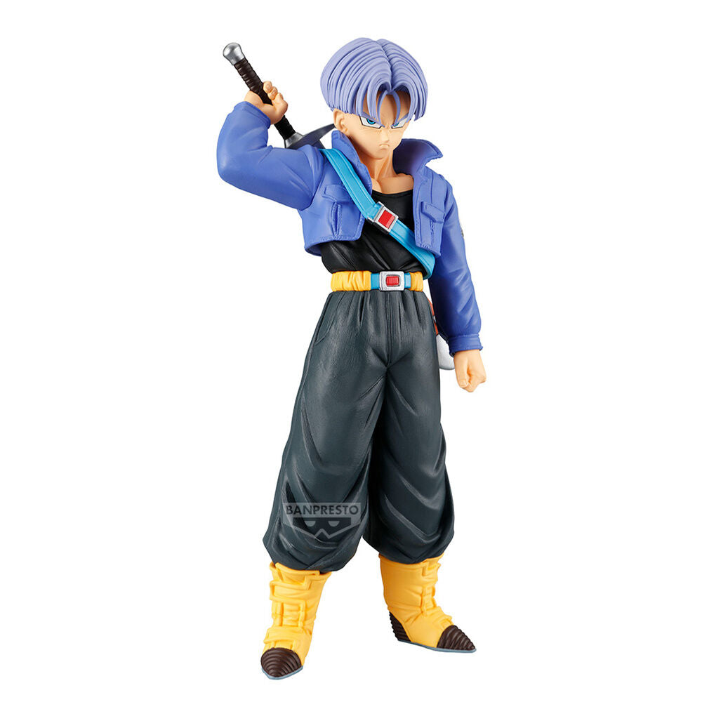 Figura de Trunks de Dragon Ball Z con espada, chaqueta azul y botas amarillas