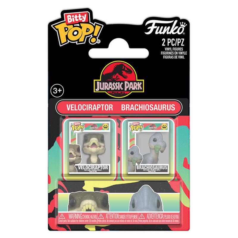 Blíster Funko Bitty POP! con figuras de Velociraptor y Brachiosaurus de Jurassic Park