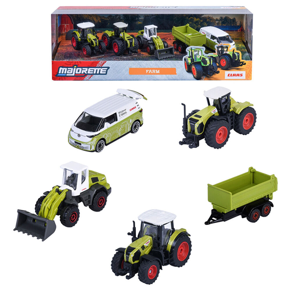 Set MAJORETTE de 5 vehículos agrícolas con tractores, pala, remolque y furgoneta