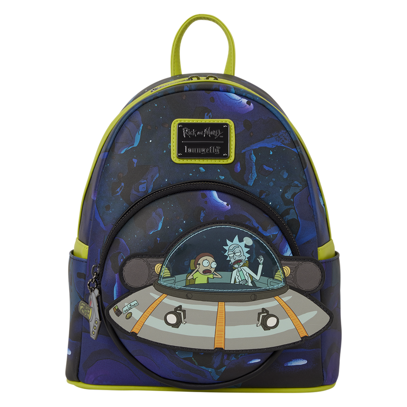 Mochila Loungefly Rick and Morty Space Cruiser azul con ovni frontal