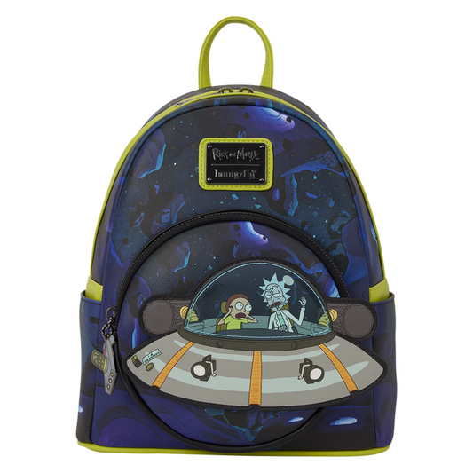 Mochila Loungefly Rick and Morty Space Cruiser azul con ovni frontal