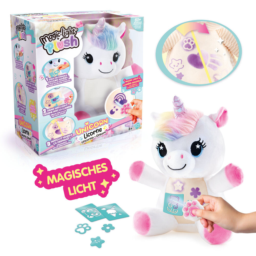 Peluche de unicornio Magic Light con melena multicolor y accesorios para decorar