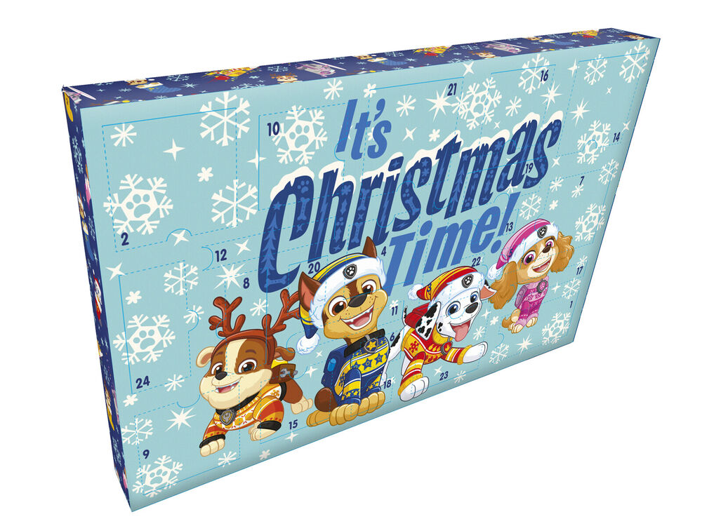 Calendario de Adviento Paw Patrol con 24 puertas numeradas y diseño navideño