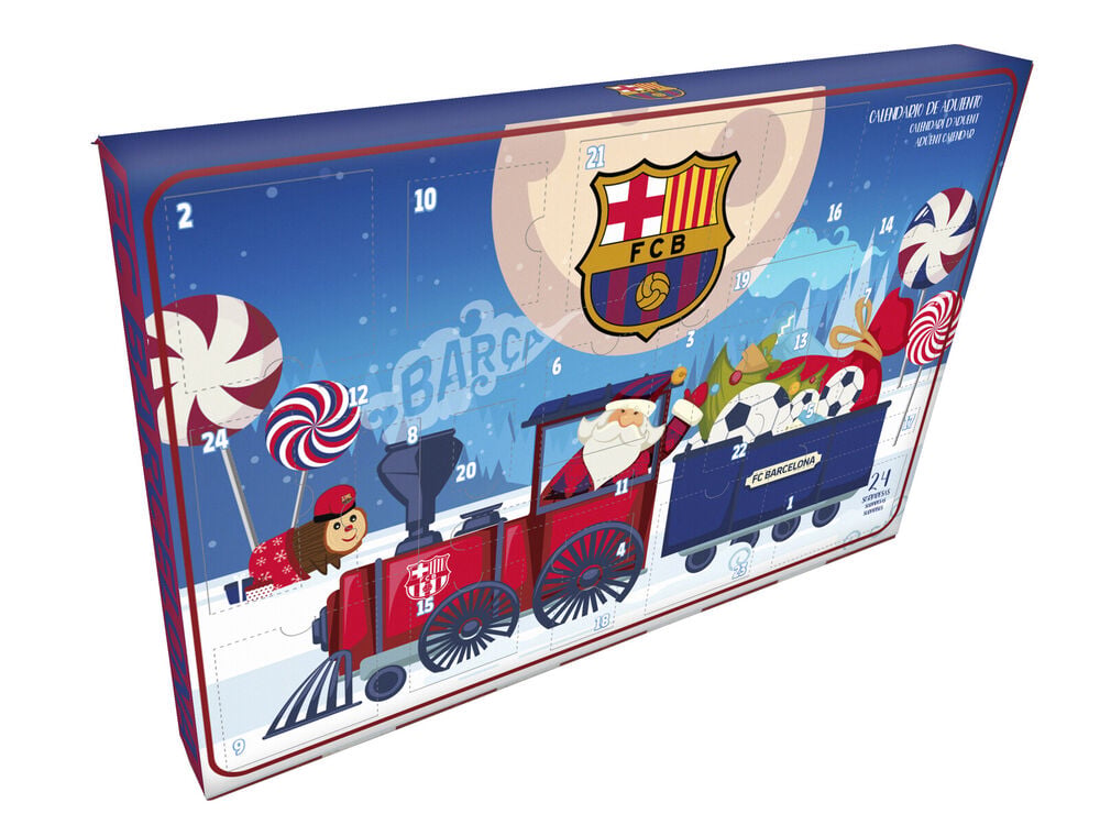 Calendario de Adviento del FC Barcelona con diseño navideño y 24 casillas