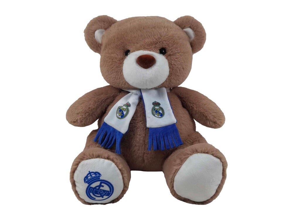 Peluche oso marrón del Real Madrid con bufanda blanca y azul