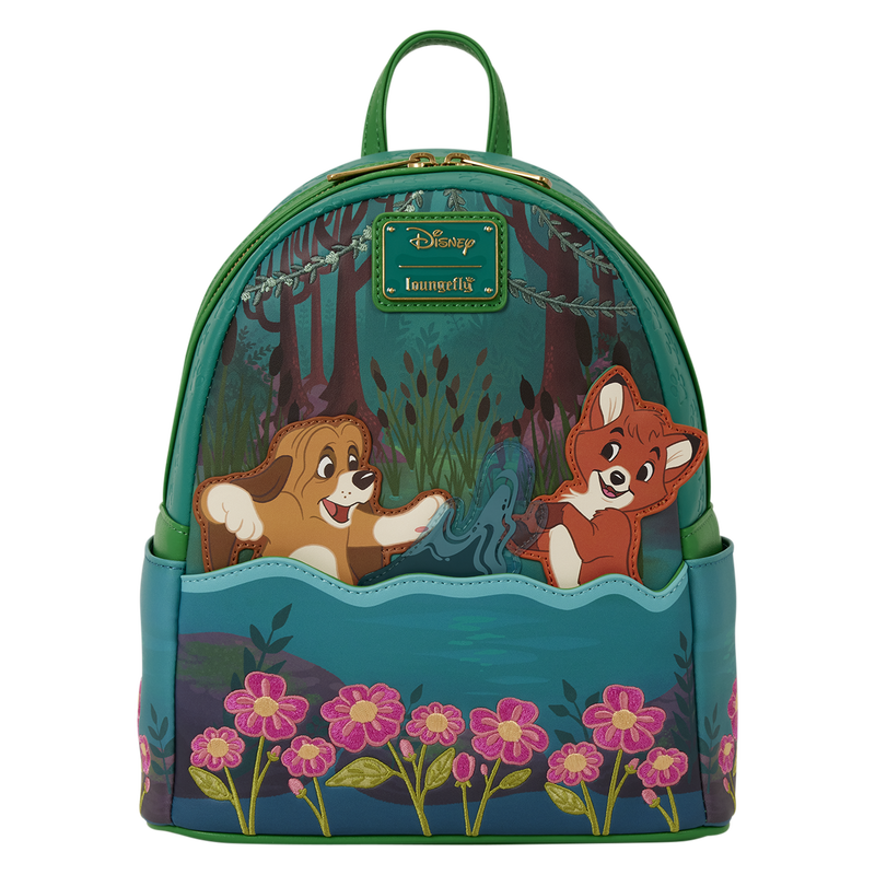Mochila Loungefly Disney de Tob y Toby con flores y escena de bosque
