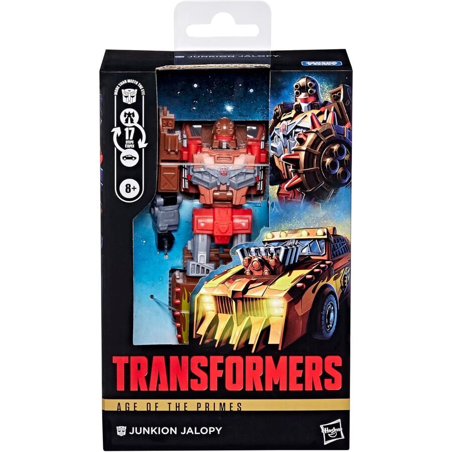 Figura Transformers Junkion Jalopy transformada en robot junto a su vehículo todoterreno