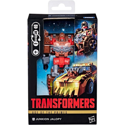 Figura Transformers Junkion Jalopy transformada en robot junto a su vehículo todoterreno