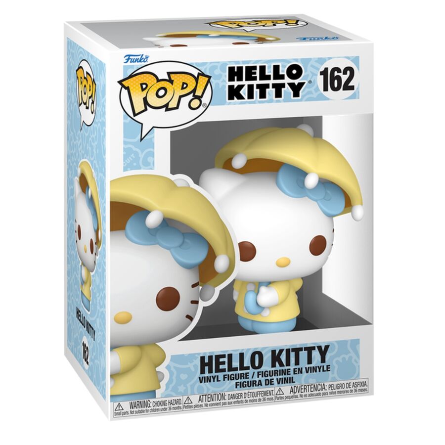 Figura Funko POP! de Hello Kitty con capucha amarilla y lazo azul en caja