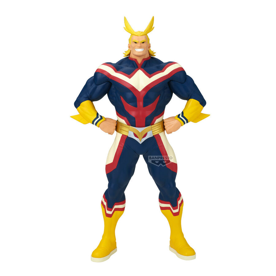 Figura de All Might de My Hero Academia con traje azul, rojo, blanco y amarillo
