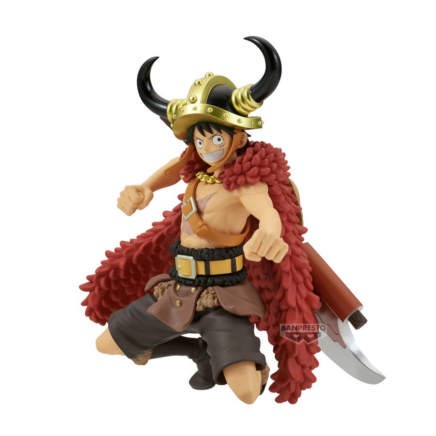 Figura de Monkey D. Luffy de One Piece con casco de cuernos y capa roja