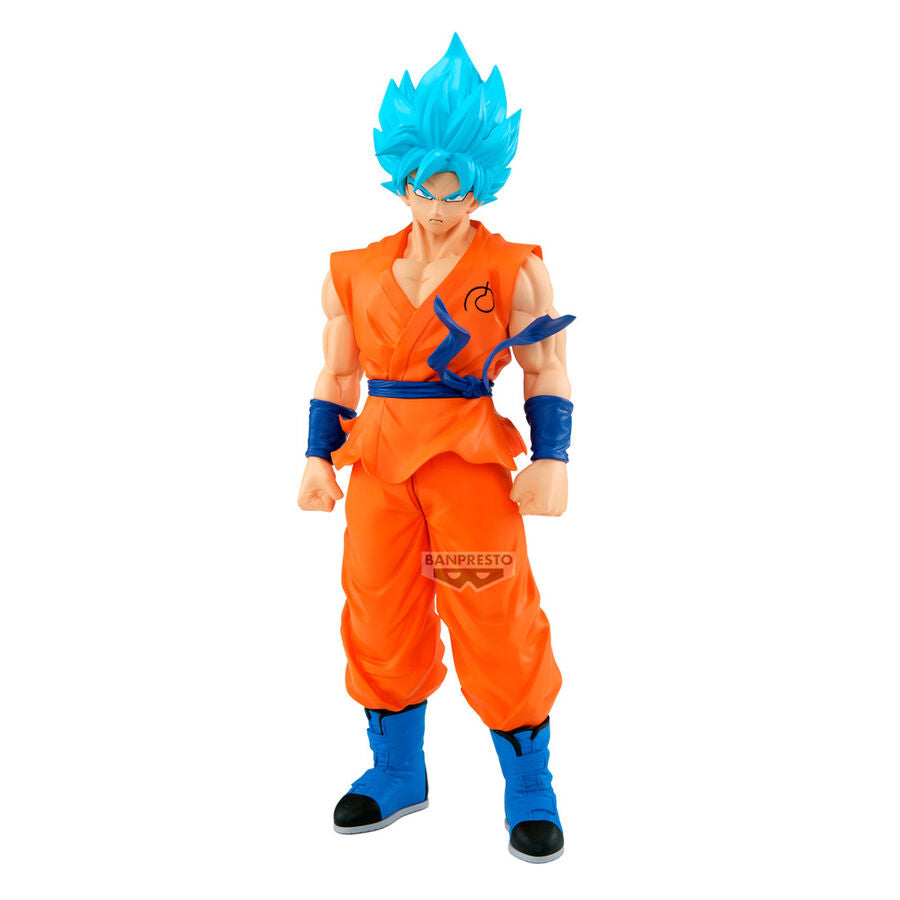 Figura Banpresto Grandista de Son Goku Super Saiyan God Super Saiyan con cabello azul y uniforme naranja