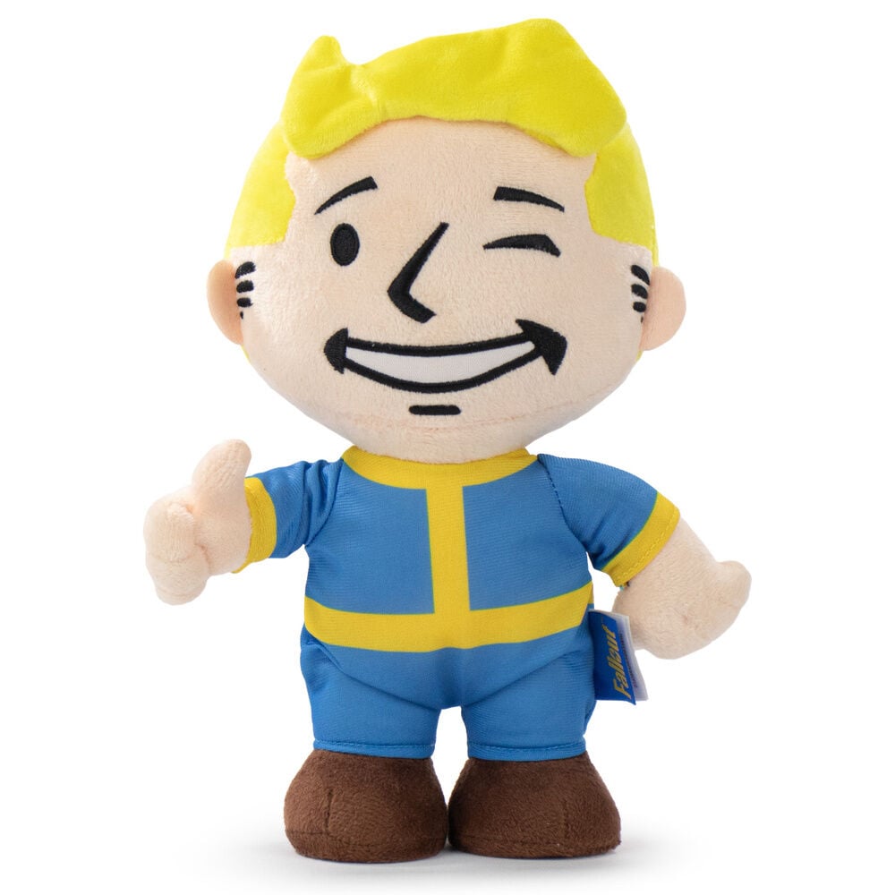 Peluche Vault Boy de Fallout con uniforme azul y amarillo