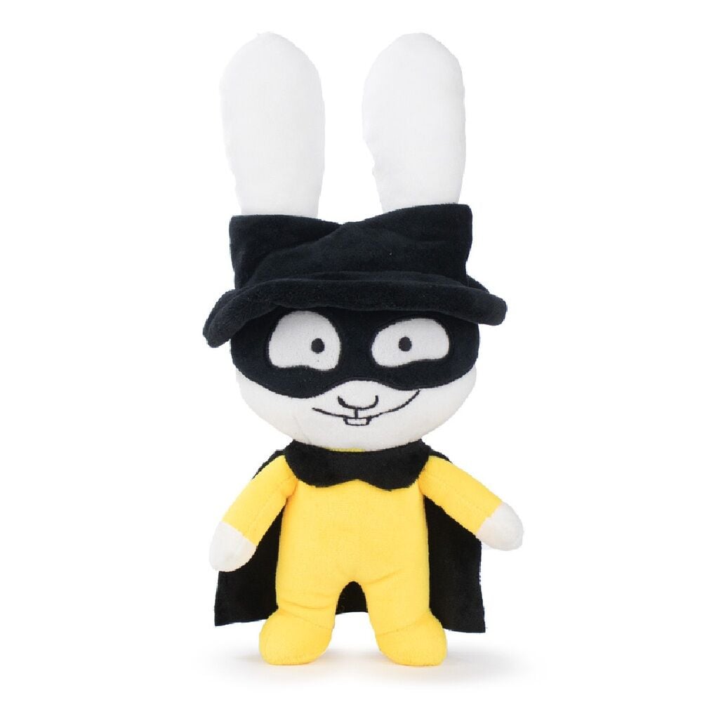 Peluche Super Gaspard Simon con traje amarillo, antifaz, sombrero y capa