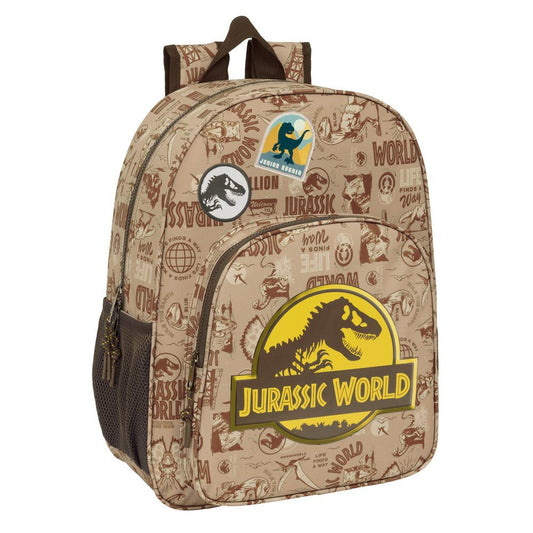 Mochila SAFTA Jurassic World beige con estampado de dinosaurios y bolsillo frontal