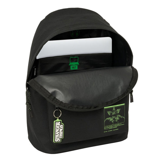 Mochila negra Stranger Things SAFTA con bolsillo delantero y detalles verdes - 5