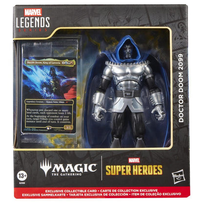 Figura articulada Doctor Doom 2099 Marvel Legends con armadura plateada y capucha azul