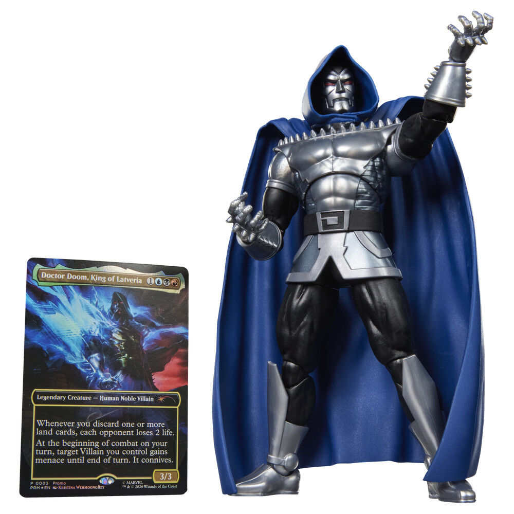 Figura articulada Doctor Doom 2099 Marvel Legends con armadura plateada y capucha azul - 11